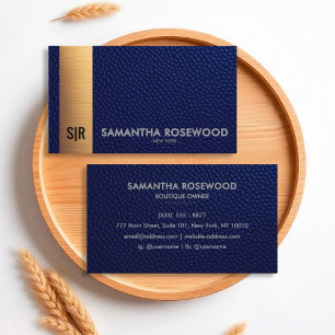 Elegant Blue Leather & Gold Luxe Business Card