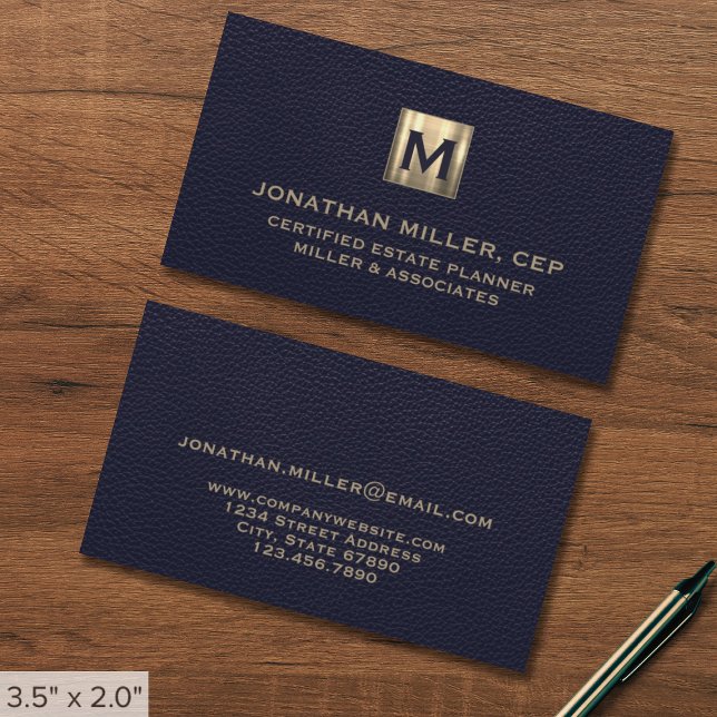 Elegant Blue Leather Luxury Gold Initial Logo Business Card (Creator Uploaded)