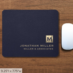Elegant Blue Leather Luxury Gold Initial Logo Mouse Mat