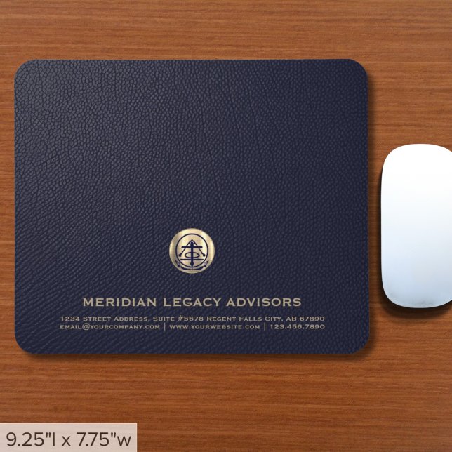 Elegant Blue Leather Luxury Gold Logo Mouse Mat (Elegant Blue Leather Print Mousepad with Customizable Gold Logo Customizable for Any Profession)
