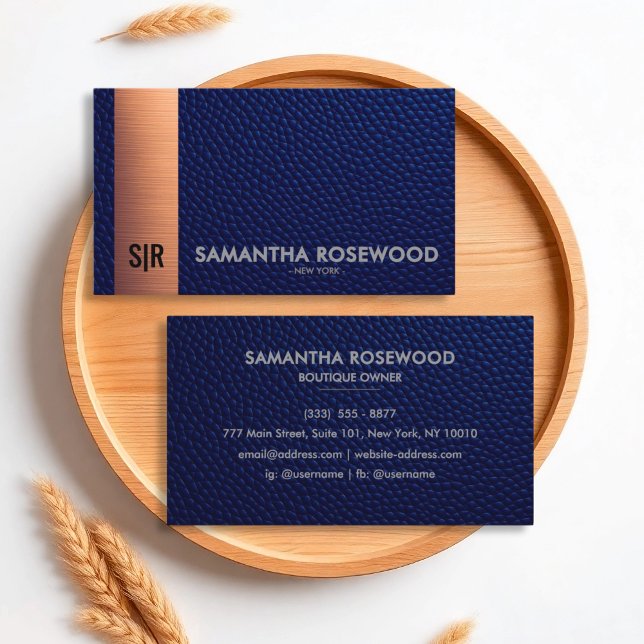 Elegant Blue Leather & Rose Gold Business Card (Creator Uploaded)