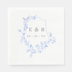Elegant Blue Leaves Crest Wedding Monogram  Napkin