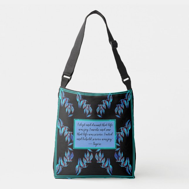 Elegant blue leaves on black and a Quote  Crossbody Bag (Front)