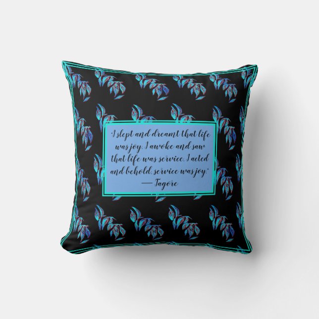 Elegant blue leaves on black and a Quote Cushion (Front)