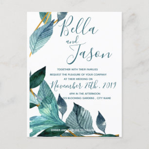 Elegant Blue Leaves Script Wedding Invitation