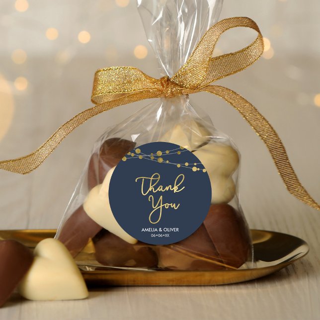 Elegant Blue Lights Faux Gold Thank You Classic Round Sticker (Creator Uploaded)