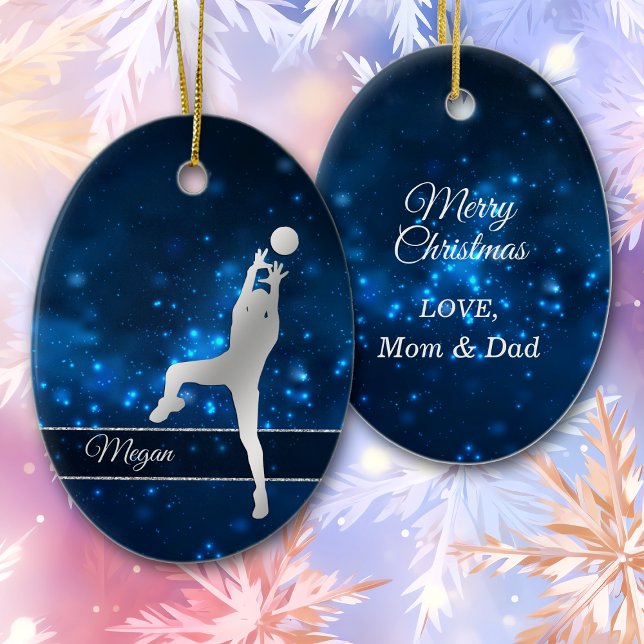 Elegant Blue Lights Silver Volleyball Player Ceramic Tree Decoration (Creator Uploaded)