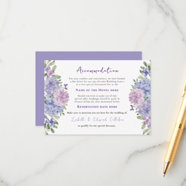 Elegant Blue Lilac Hydrangea Floral Accommodation Enclosure Card (Front/Back In Situ)