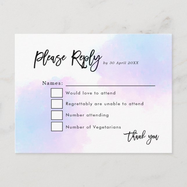 Elegant Blue/Lilac Watercolor/Script Wedding RSVP Postcard (Front)