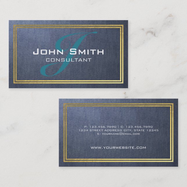 Elegant Blue Linen and Gold Foil Border Consultant Business Card (Front/Back)