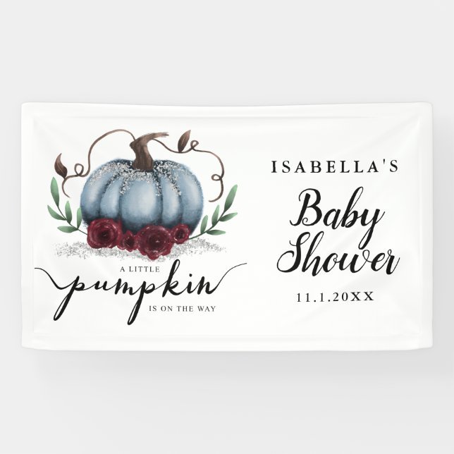 Elegant Blue Little Pumpkin Baby Shower Banner (Horizontal)