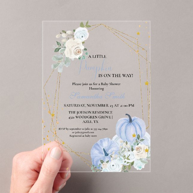 Elegant Blue  Little Pumpkin Boy Baby Shower Acrylic Invitations (Insitu (Handheld))