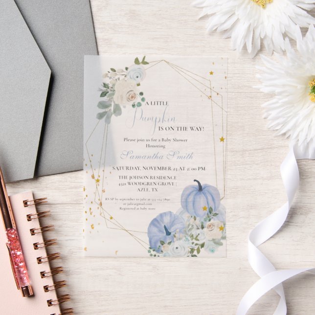 Elegant Blue  Little Pumpkin Boy Baby Shower Vellum Invitations (Wedding)