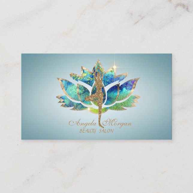 Elegant Blue Lotus Flower Glitter Yoga Girl Business Card (Front)