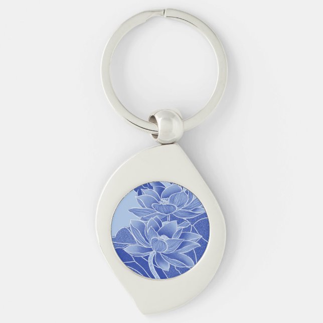 Elegant Blue Lotus Flowers Mandala Chinoiserie  Key Ring (Front)