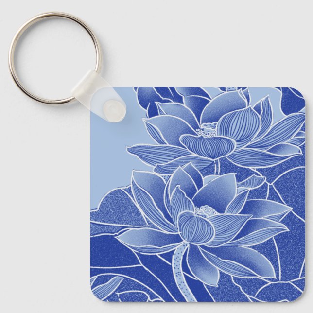 Elegant Blue Lotus Flowers Mandala Chinoiserie Key Ring (Front)
