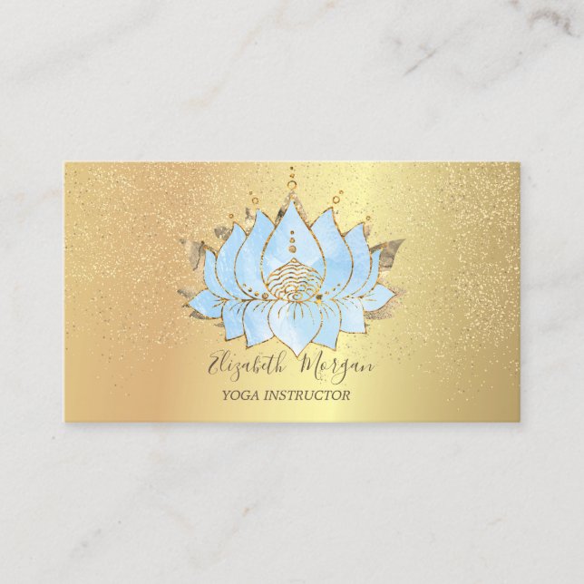Elegant Blue Lotus Gold Confetti Yoga Business Card (Front)
