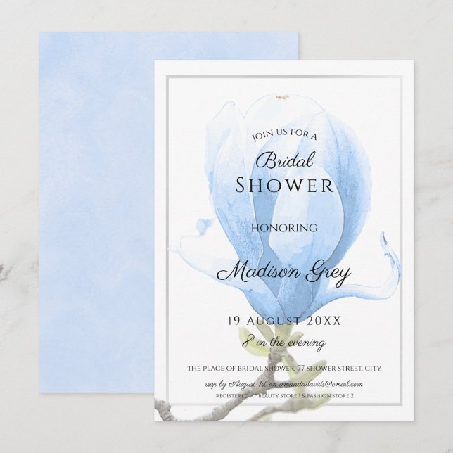 Elegant Blue Magnolia Bridal Shower Invitation (Front/Back)