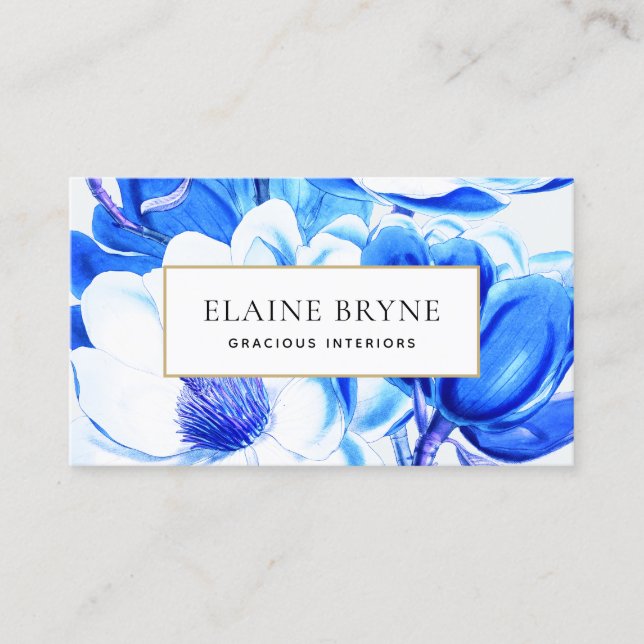 Elegant Blue Magnolia Watercolor Floral   Business Business Card (Front)