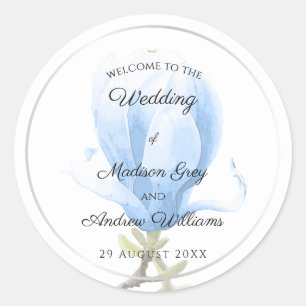 Elegant Blue Magnolia Wedding Classic Round Sticker