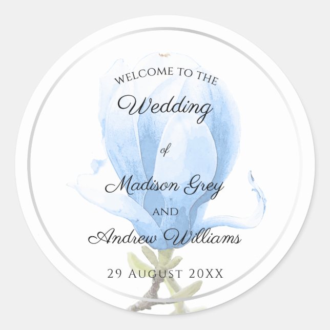 Elegant Blue Magnolia Wedding Classic Round Sticker (Front)
