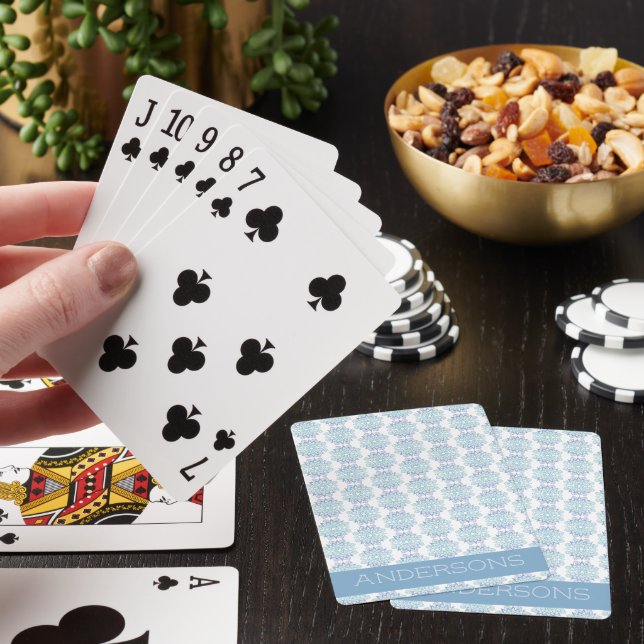 Elegant Blue Mandala Pattern on White Name Playing Cards (In Situ)