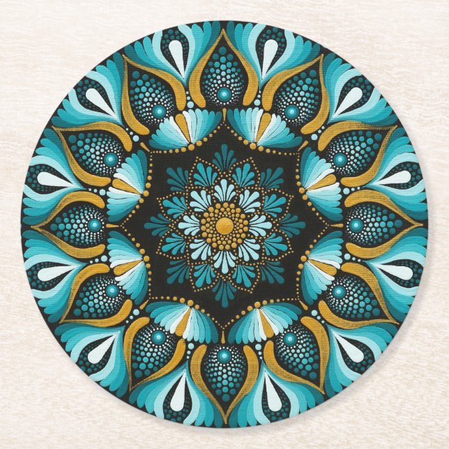 Elegant Blue Mandala | Sacred Geometry Boho | Zen Round Paper Coaster (Front)