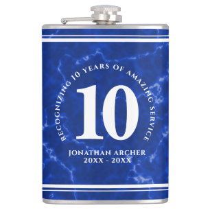 Elegant Blue Marble 10 Years Work Anniversary Hip Flask