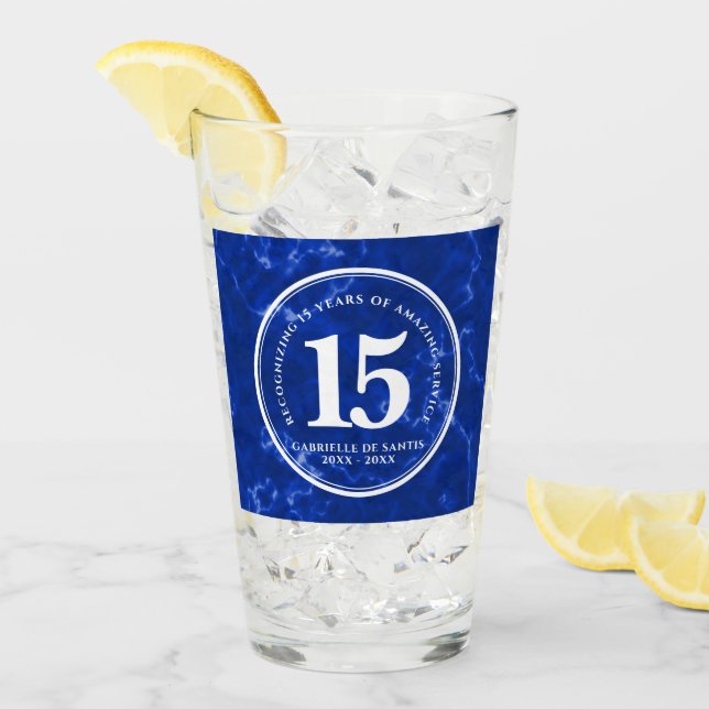 Elegant Blue Marble 15 Years Work Anniversary Glass (Front Ice)