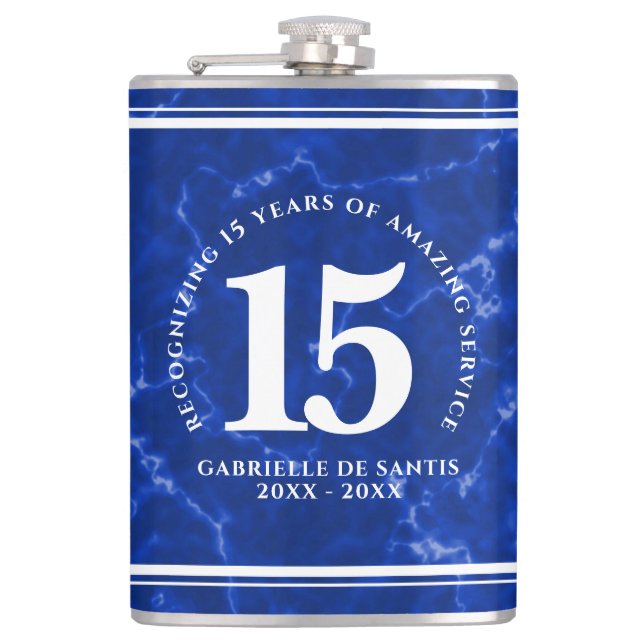 Elegant Blue Marble 15 Years Work Anniversary Hip Flask (Front)