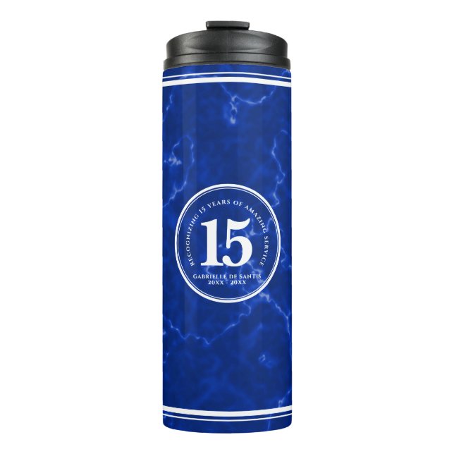 Elegant Blue Marble 15 Years Work Anniversary Thermal Tumbler (Front)