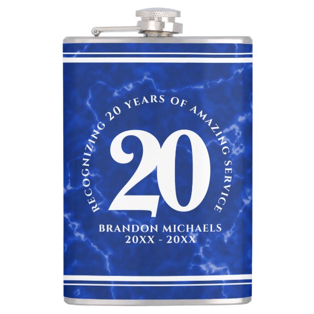 Elegant Blue Marble 20 Years Work Anniversary Hip Flask (Front)