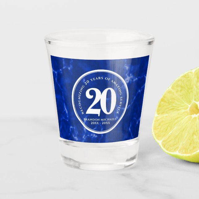 Elegant Blue Marble 20 Years Work Anniversary Shot Glass (Front)