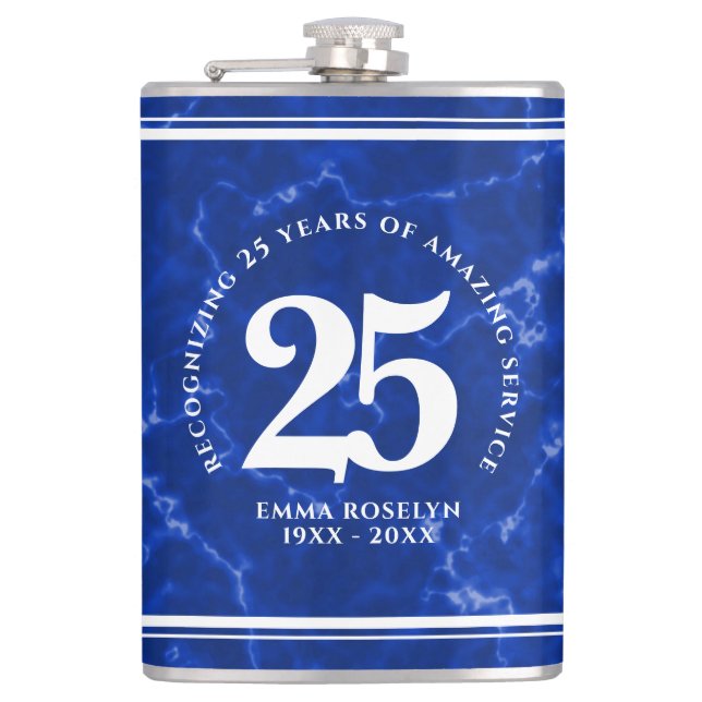 Elegant Blue Marble 25 Years Work Anniversary Hip Flask (Front)