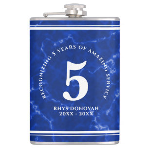 Elegant Blue Marble 5 Years Work Anniversary Hip Flask