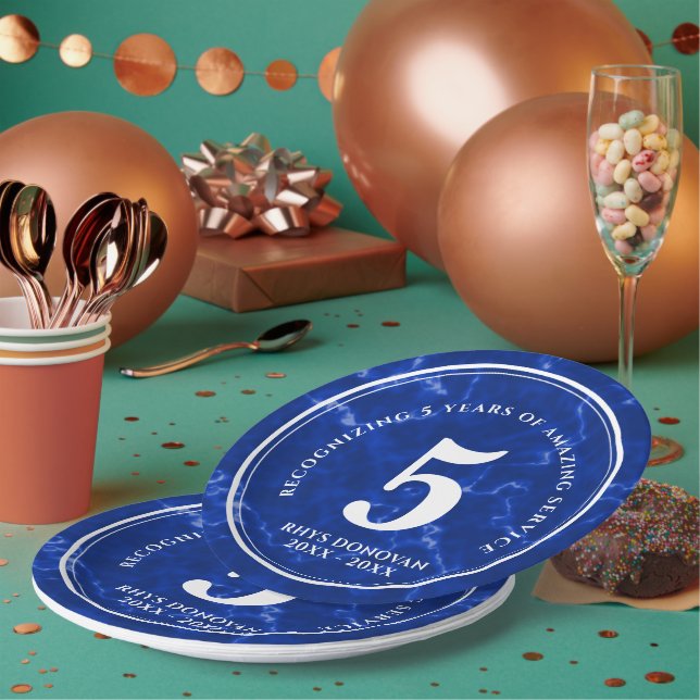 Elegant Blue Marble 5 Years Work Anniversary Paper Plate (Multi)