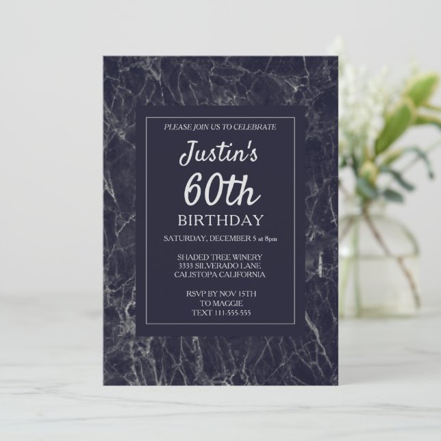 Elegant Blue Marble 60th Birthday Invitation (Standing Front)