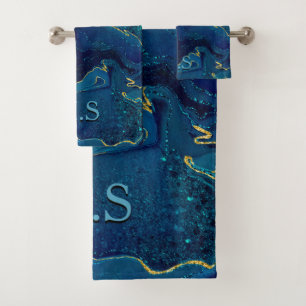Elegant blue marble art faux gold glitter bath towel set