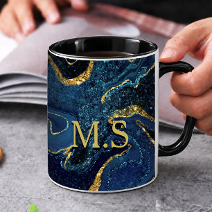 Elegant blue marble art faux gold glitter coffee mug