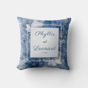 Elegant Blue Marble Floral Wedding Cushion