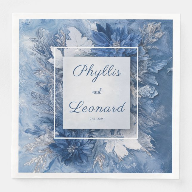 Elegant Blue Marble Floral Wedding Napkin (Front)