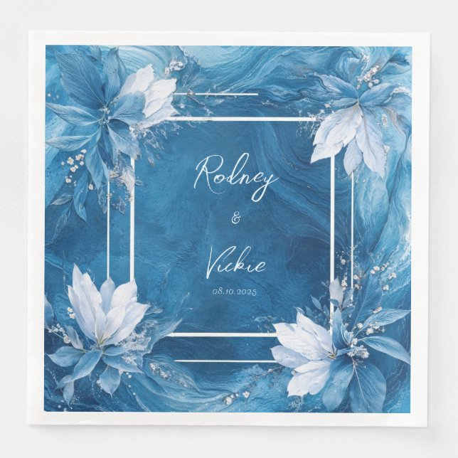 Elegant Blue Marble Floral Wedding Napkins (Front)