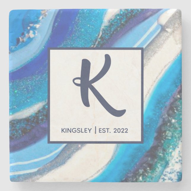 Elegant Blue Marble Geode Agate Abstract Family    Stone Coaster (Front)