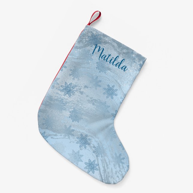 Elegant blue marble glitter snowflake pattern small christmas stocking (Front (Hanging))