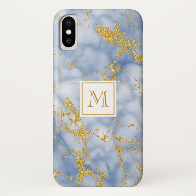Elegant Blue Marble Monogram Faux Gold Glitter Case-Mate iPhone Case (Back)