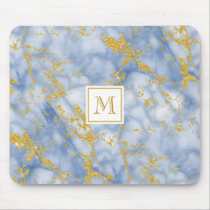 Elegant Blue Marble Monogram Faux Gold Glitter Mouse Mat