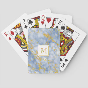 Elegant Blue Marble Monogram Faux Gold Glitter Playing Cards