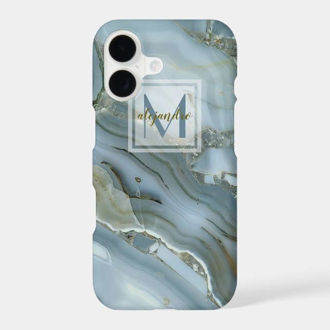 Elegant Blue Marble Natural Stone Pattern Monogram (Back)