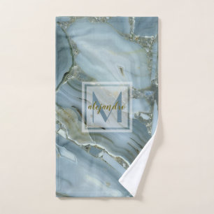 Elegant Blue Marble Natural Stone Pattern Monogram Hand Towel