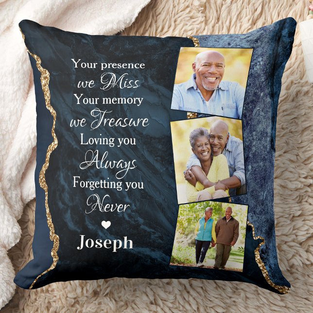 Elegant Blue Marble Remembrance 3 Photo Memorial Cushion (Creator Uploaded)